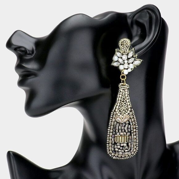 Champagne Bottle Hematite Seed Bead Earrings - Picture 4 of 6